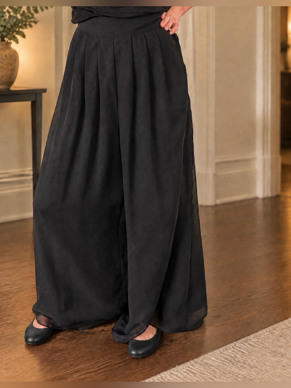 🇨🇦 Vintage 90s Black Chiffon Long Wide-Leg Trousers • Fluid Soft Movement